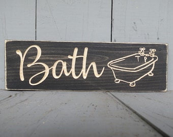 Ebony Stained White Pine Bath Sign, Carved Rustic Bathroom Decor
