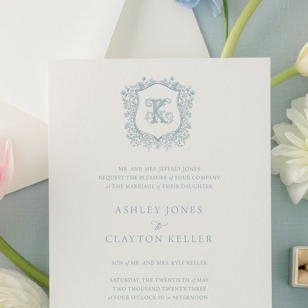 Classic, Elegant Calligraphy Wedding Invitations with Vintage Monogram | Traditional Script Printed Wedding Invitation Suite | Ashley