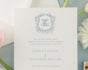 Classic, Elegant Calligraphy Wedding Invitations with Vintage Monogram | Traditional Script Printed Wedding Invitation Suite | Ashley