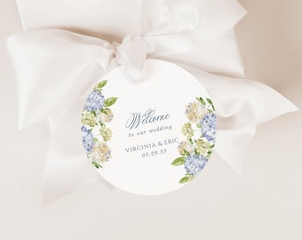 Round Floral Wedding Favor Tags -  Botanical Printed Gift Tags with Blue Hydrangeas | Your Choice of Color and Shape | Virginia