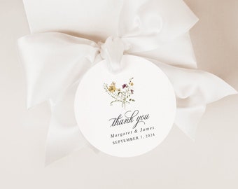 Round Minimal Floral Wedding Favor Tags  | Botanical Printed Thank You Gift Tags | Simple Thank You Tag with Yellow Flowers | Maggie