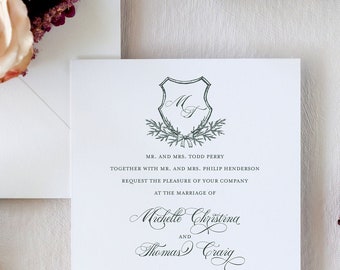 Green Elegant Winter Wedding Invitation with Monogram Crest | Christmas Evergreen Printed Classic Invitation Suite | Michelle