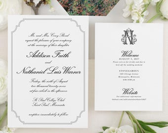 ADDISON | Semi-Custom Classic All Cursive Wedding Invitation Set with Elegant Vintage Monogram and Double Border Printed Invitations