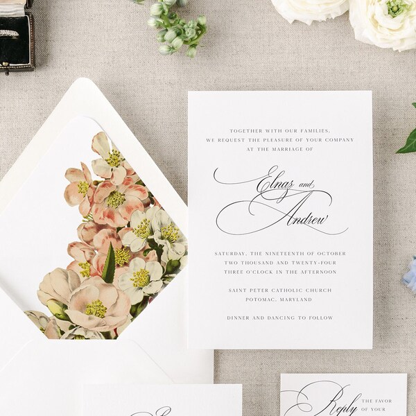 ELNAZ | Classic Wedding Invitation Set with Envelope Liner, Elegant Wedding Invitations, Printed Wedding Invite, Wedding Invitation Cards