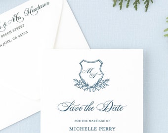 Slate Blue Save the Date for Traditional Winter Wedding, Elegant Christmas Monogram Crest |  Custom Printed Save the Dates | Michelle