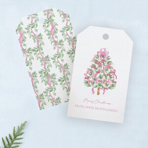 Custom Christmas Gift Tags Personalized Holiday Labels Pink Christmas Tree Design Bow Accent Stickers Family Name Tags Festive Present Wrapping Supplies Wedding Favor Labels Holiday Party Accessories Custom Family Gift Labels Name Sticker