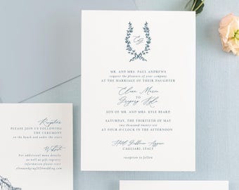 ELENA | Italian Wedding Invitation Suite, Mediterranean Coastal Wedding Invitations with Olive Wreath Monogram, Custom Printed