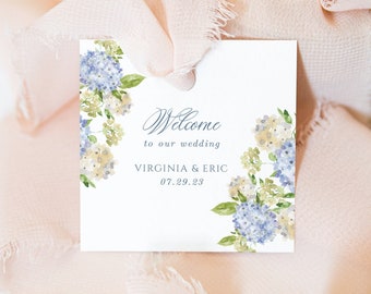 Square Blue Hydrangea Floral Wedding Favor Tags  -  Printed Gift Tags with Simple Flowers | Your Choice of Color and Shape | Virginia