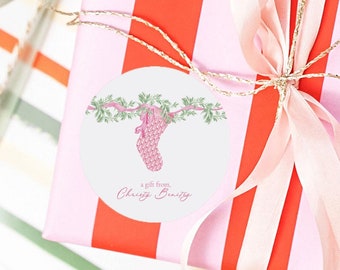 Personalized Pink Christmas with Watercolor Stocking Gift Sticker | Pastel Holiday Custom Gift Label, Printed Pink Xmas Sticker Tags
