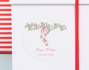 Pink Floral Stocking Gift Stickers | Feminine Christmas Labels, Watercolor Holiday Gift Tag, Sweet Pink Gift Sticker Pink Roses, Printed Tag