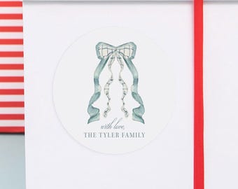 Dusty Blue Gift Sticker Personalized Christmas Tag Custom Family Name Label Watercolor Ribbon Holiday Wrapping Grandmillenial Style Wedding