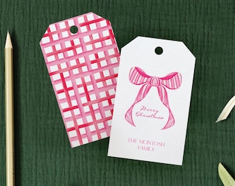 MERRY MAGENTA |  Christmas Personalized Gift Tag Custom Name Baby Shower Holiday Party Wedding Favor Pink Bow Gingham Pattern