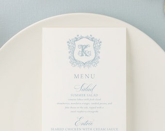 Printed Wedding Menu with Monogram and Crest  | Classic, Elegant Wedding Reception Menu | Ashley