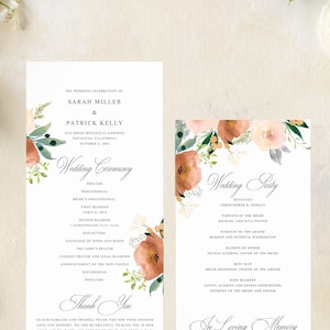 SARAH | Orange and Peach Floral Wedding Program, Watercolor Floral Wedding Programs, Printed Wedding Ceremony Program, Order of Service