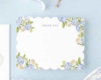 Blue Hydrangea Floral Wedding Thank You Cards | Bridal Shower Thank You Scalloped or Straight Edge |  VIRGINIA