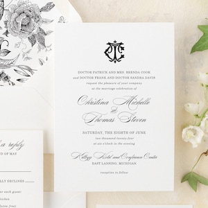CHRISTINA | Blue Wedding Invitation with Monogram, Classic Wedding Invitation, Elegant Wedding Invitations, Printed Invite, Letterpress