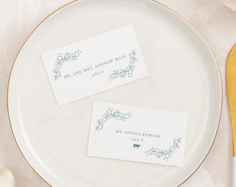 SAMANTHA | Delicate Floral Wedding Place Cards, Elegant Wedding Escort Card, Name Cards Wedding, French Blue Garden Wedding Name Cards