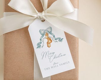 Grandmillennial Merry Christmas Bow Bells Personalized Tags Blue Gift Wrapping Paper Holiday Wrap Custom Family Name Label