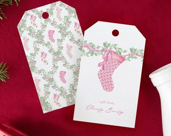 Personalized Pink Christmas with Watercolor Stocking Gift Tag | Pastel Holiday Custom Gift Tag, Printed Pink Christmas Gift Tag, Xmas tags