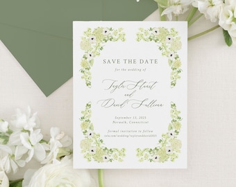 TAYLOR | Green Floral Save the Date, Elegant Hydrangea Wedding Save the Dates, Printed Save the Date Cards, White Hydrangea
