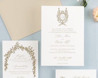 ELENA | Italian Wedding Invitation Suite, Formal Crest Monogram Wedding Invitations