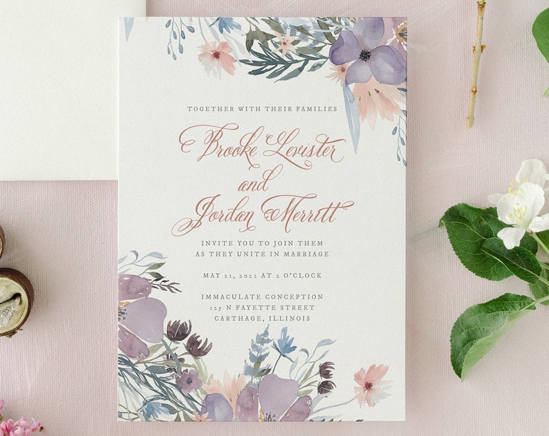 Elegant Purple Floral Wedding Invitation Suite Formal Wedding Invitation Set Printed Garden Wedding Invite Custom Invitation