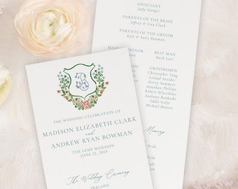 MADISON | Printed Wedding Program with Monogram, Fall Floral Wedding Programs Printed, Elegant Wedding Ceremony Program, Order of Service