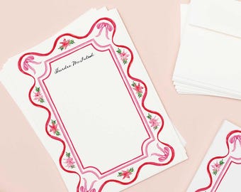 MERRY MAGENTA | Personalized Christmas Letter Writing Set, Pink Poinsettia Stationery, Holiday Letter Paper, Custom Name Set