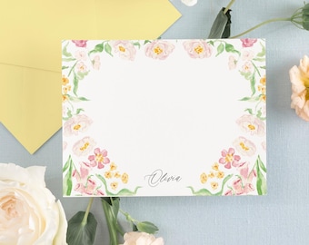 OLIVIA | Personalized Floral Note Cards Stationery with Pink and Yellow Flowers, Baby Shower Thank You Note Cards, Printed Stationary Set