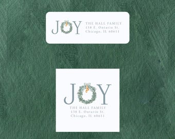 JOY WREATH Christmas Return Address Label Stickers, Personalized Holiday Round Return Address Stickers, Rectangle Wreath Holiday Labels