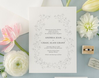 Classic Wedding Invitation Suite with Fine Art Spring Flowers | Printed  Formal Invite with Elegant Floral Botanical Wreath | Andrea
