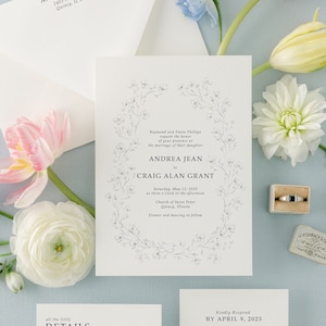 Classic Wedding Invitation Suite with Fine Art Spring Flowers | Printed  Formal Invite with Elegant Floral Botanical Wreath | Andrea