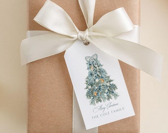 Blue Chinoiserie Christmas Tree Gift Tag | Dusty Blue Watercolor Holiday Gift Tag, Custom Family Grandmillenial Christmas Tag, Personalized