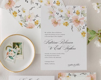 Elegant Watercolor Floral Wedding Invitation Suite | Printed Invite Set with Peach, Yellow and Pink Painted Wildflowers | Katrina