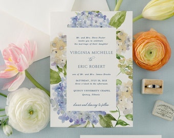 Elegant Printed Wedding Invitation Suite with Blue Watercolor Hydrangeas | Invite Set with Dusty Blue and Ivory Flowers | Virginia