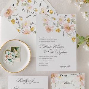 Elegant Watercolor Floral Wedding Invitation Suite | Printed Invite Set with Peach, Yellow and Pink Painted Wildflowers | Katrina