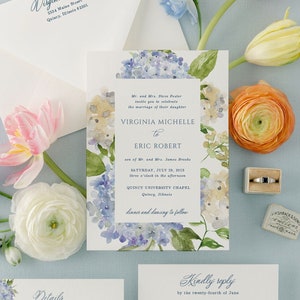 Elegant Printed Wedding Invitation Suite with Blue Watercolor Hydrangeas Invite Set with Dusty Blue and Ivory Flowers Virginia image 1