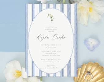 KAYLA | Floral Bridal Shower Invitation with Blue Stripes, Oval Frame, and Calla Lily, Printed Invite