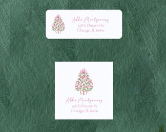 For the Girls Pink Tree Christmas Address Labels, Christmas Tree Return Stickers, Personalized Holiday Labels for Card, Square Address Label