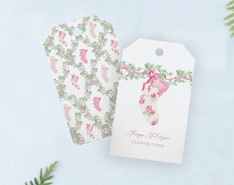 Pink Floral Stocking Gift Tag Set | Feminine Christmas Tags, Watercolor Holiday Gift Tag, Sweet Pink Gift Tag Pink Roses, Custom Printed Tag