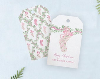 Pink & Red Chinoiserie Floral Holiday Stocking Christmas Gift Tag or Holiday Treat Tag | Watercolor Printed Gift Tags, Girly Christmas Tags