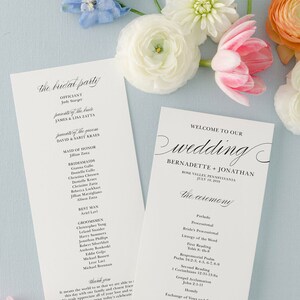 May include: Wedding ceremony program with white background and black text. The program lists the officiant, bridal party, and ceremony order. The text includes "Welcome to our wedding" and the names "Bernadette & Jonathan".