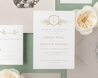 CHLOE | Elegant Crest Wedding Invitations, Floral Wedding Invitation Set with Monogram, Romantic Wedding Invitation Suite, Printed