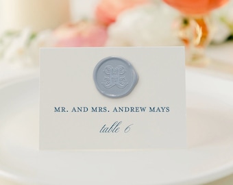 Dusty Blue Wax Seal Escort Cards | Wedding Place Cards with Monogram Wax Seal | Folded Wedding Name Cards | Custom Wedding Design | Jessica