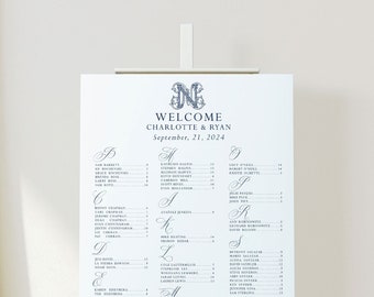 Marineblaues Monogramm-Hochzeits-Sitzplan, Gold-Formeller Hochzeits-Sitzplan, klassischer Hochzeitstischplan, druckbare Hochzeitsschilder | CHARLOTTE