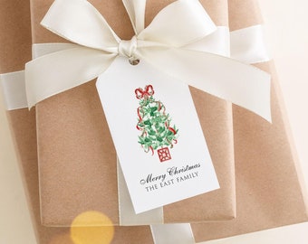 Personalized Watercolor Christmas Tree with Red Bow Tags| Personalized Christmas Gift Tags, Custom Gift Tag, Family Gift Tag for Christmas