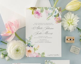 Elegant Wedding Invitation Suite with Watercolor Spring Flowers | Printed Invite with Blush Pink and Blue Pastel Painted Florals | Ophelia