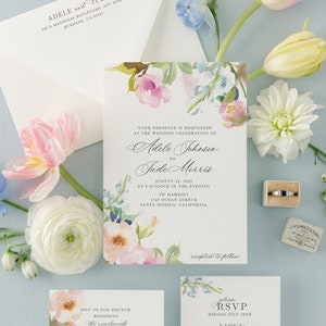 Elegant Wedding Invitation Suite with Watercolor Spring Flowers Printed Invite with Blush Pink and Blue Pastel Painted Florals Ophelia image 1