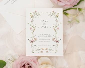 MELISSA | Wildflower Save the Date with Floral Wreath, Elegant Wreath Save the Dates, Romantic Wedding Invitation Save the Date Cards