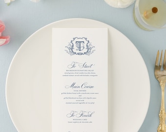 Wedding Menu Printed, Customized Food Menu, Monogram Crest Wedding Dinner Menu, Bridal Shower Menu, Wedding Day Stationary | Daphne
